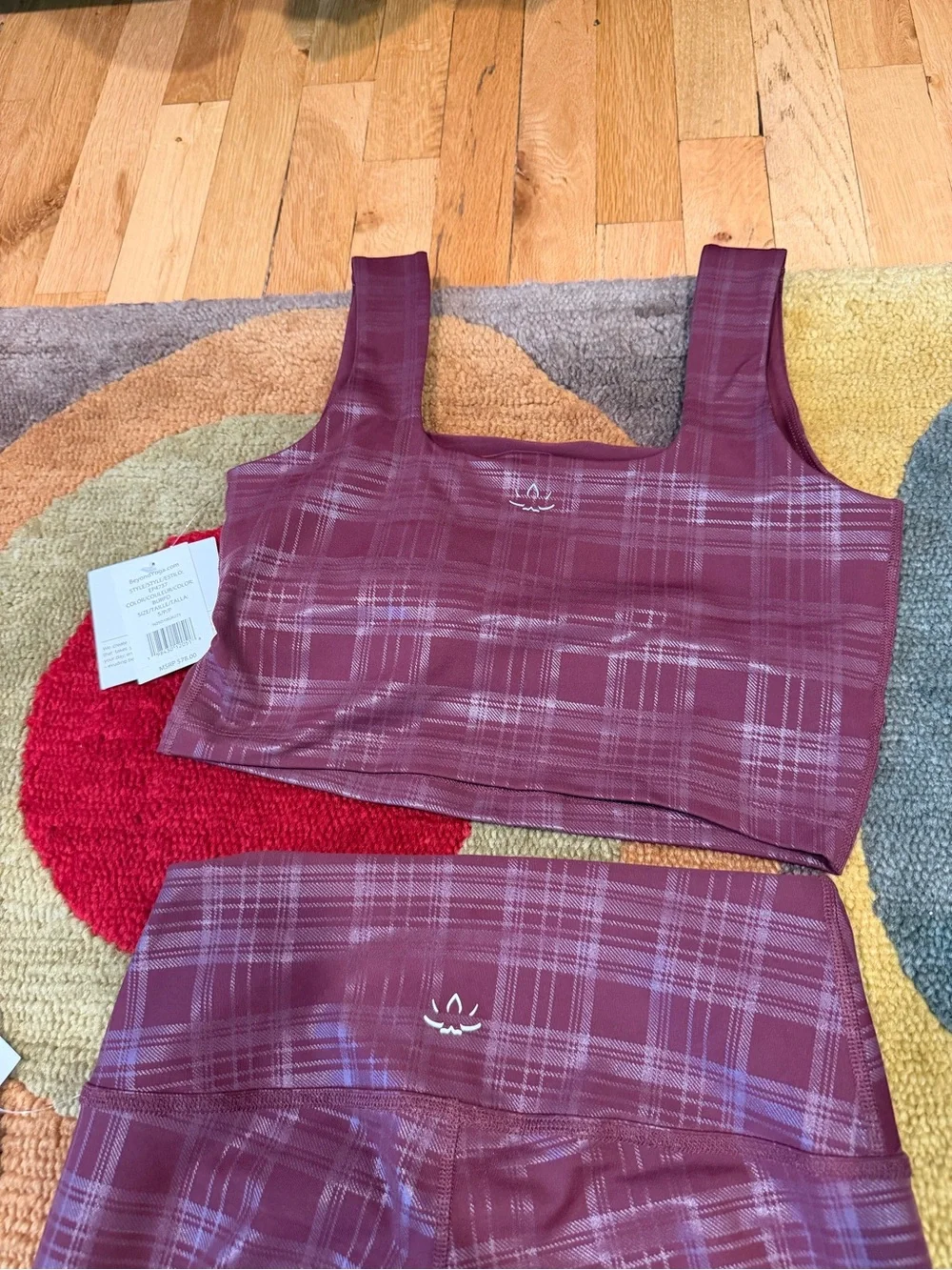 NWT Beyond Yoga Matching Set Maroon Plaid Metallic Leggings Sports Bra S / M
